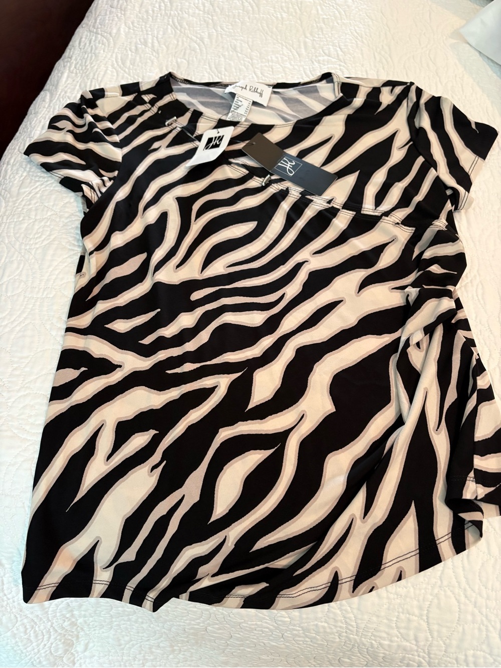 Joseph Ribkoff Black and Cream Zebra Print Short Sleeve Top